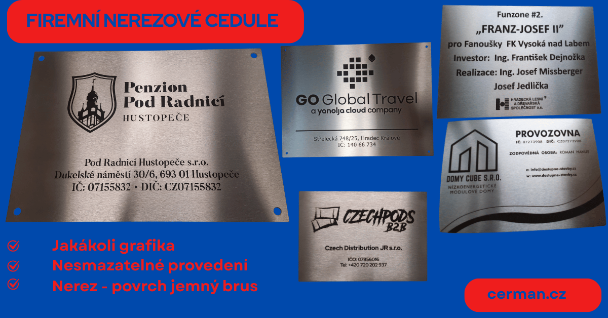 Laserové gravírování do nerezu, firemní nerezové cedule
