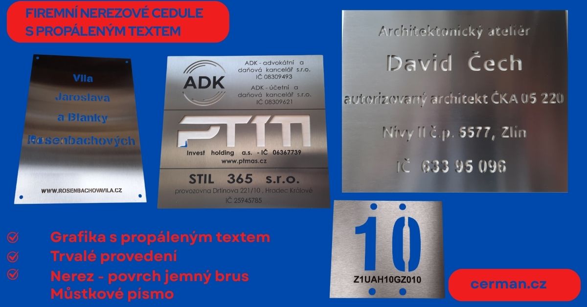 Firemní nerezové cedule s propáleným textem