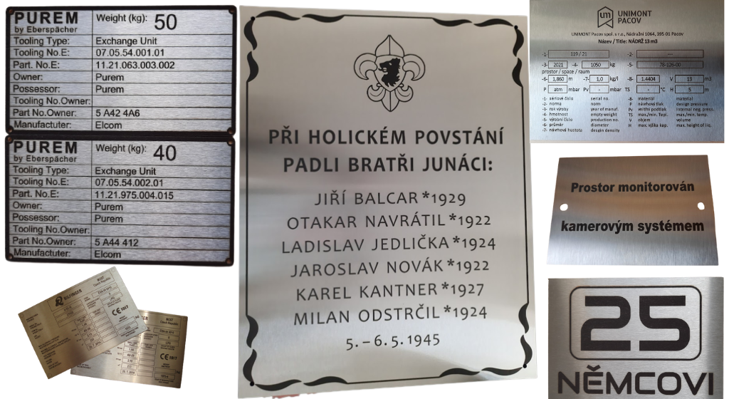 Výroba kovových pamětních cedulí, výroba strojových štítků, výroba kovových výrobních štítků