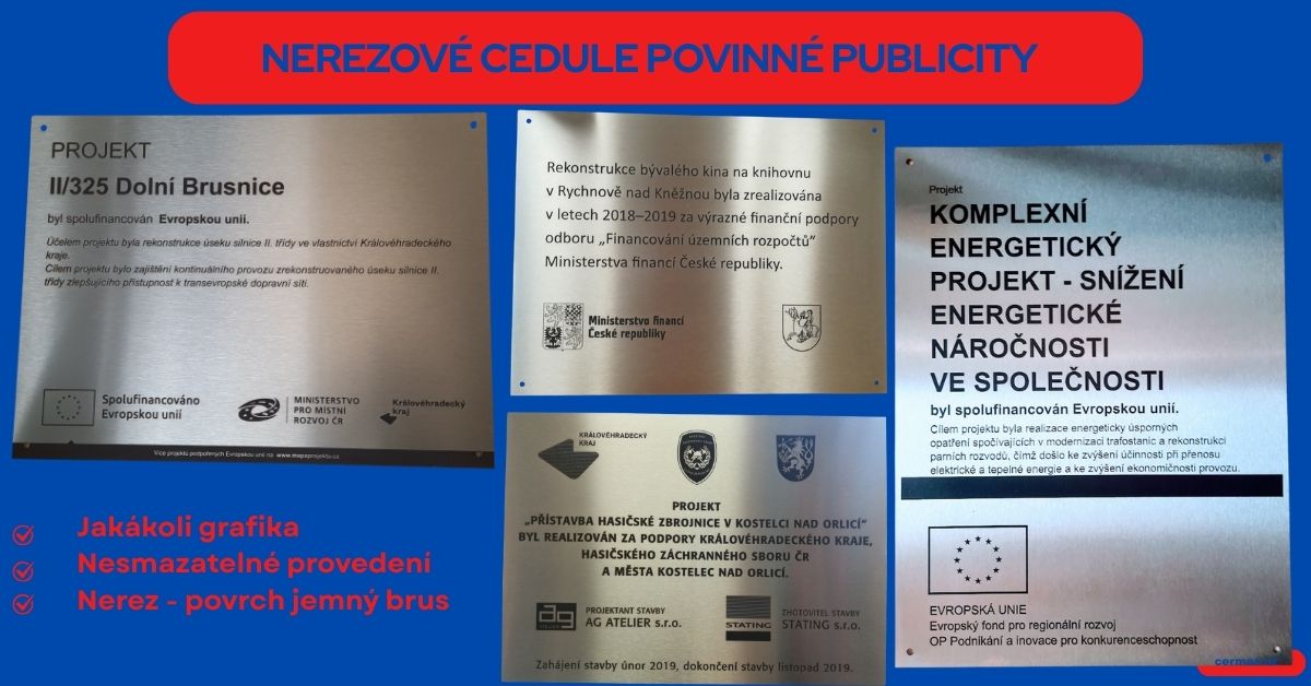 Nerezová cedule povinné publicity s gravírováním