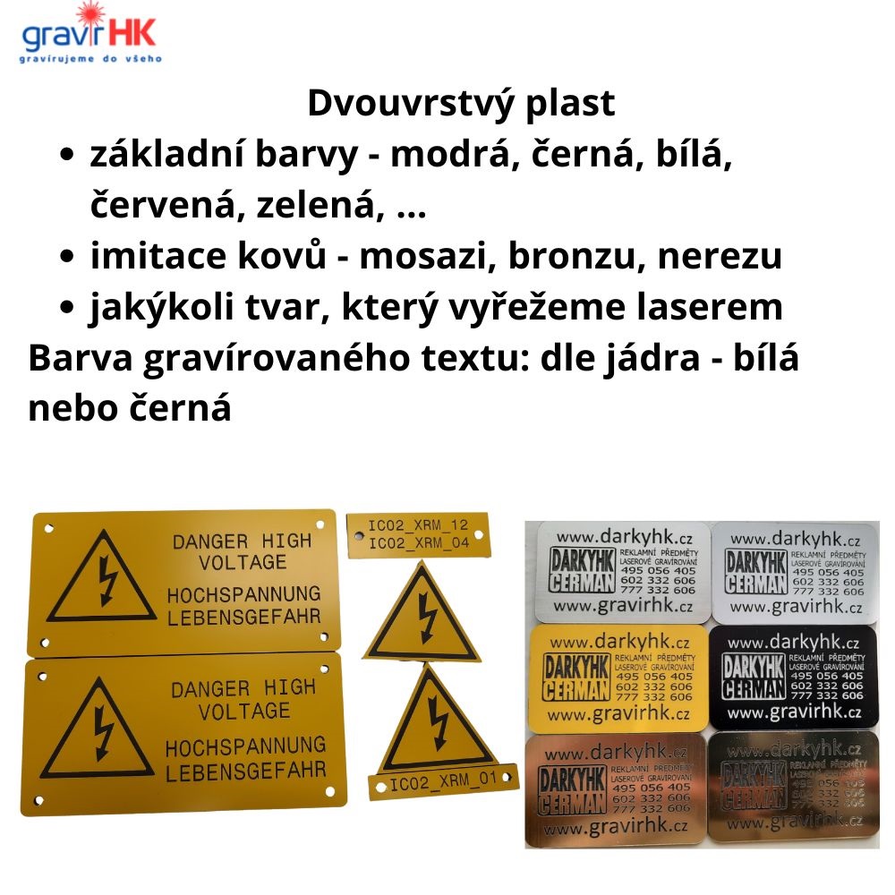 Výroba štítků a cedulí z dvouvrstvého plastu, plastové štítky s gravírováním.