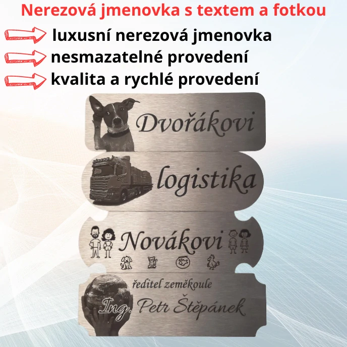 Nejhezčí nerezová jmenovka s textem či fotkou. Upevnění - PŘILEPENÍ 3M páskou.