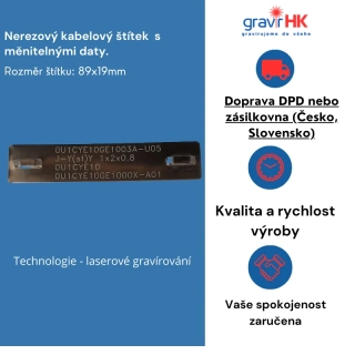Nerezový kabelový štítek 89x19 mm s laserovým gravírováním.