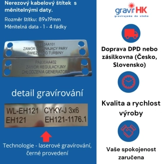 Nerezový kabelový štítek 89x19 mm laserovým gravírováním - černé provedení
